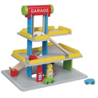 Lelin Toys Дървен детски паркинг с бензиностанция и автомивка