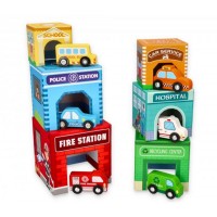 Lelin Toys Kартонени кубчета за най-малките с дървени превозни средства