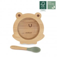Miniland Дървена купичка с вакуум и лъжичка Жабка