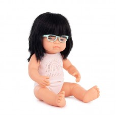 Miniland Baby Doll 38 cm with black hair and glasses