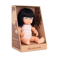 Miniland Baby Doll 38 cm with black hair and glasses
