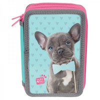 PASO School pencil case with three zippers Grey Puppy