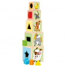 Woody Tower of 5 cubes Animals