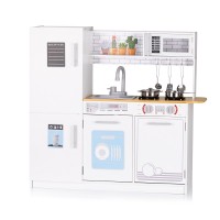 Chipolino Детска дървена кухня 80 см с 5 метални съда за готвене и LED осветление Chipolino Детска дървена кухня 80 см с 5 метални съда за готвене и LED осветление