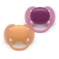 Philips Avent Залъгалки Ultra Soft с кутия за стерилизиране 18m+, лилава и оранжева