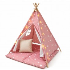 Ginger Home Палатка Типи Little Stars с мека подложка и LED лампички, Розова