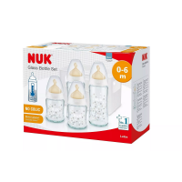 NUK First Choice+ Starter Set with 4 Temperature Control Glass Baby Bottles Latex in basket