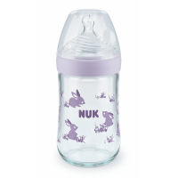 Nuk Nature Sense Softer Temperature Control 240ml Glass Bottle Silicone Teat size M, Purple
