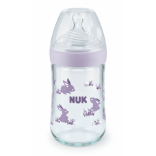 Nuk Nature Sense Softer Temperature Control 240ml Glass Bottle Silicone Teat size M, Purple