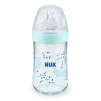 Nuk Nature Sense Softer Temperature Control 240ml Glass Bottle Silicone Teat size M, Blue